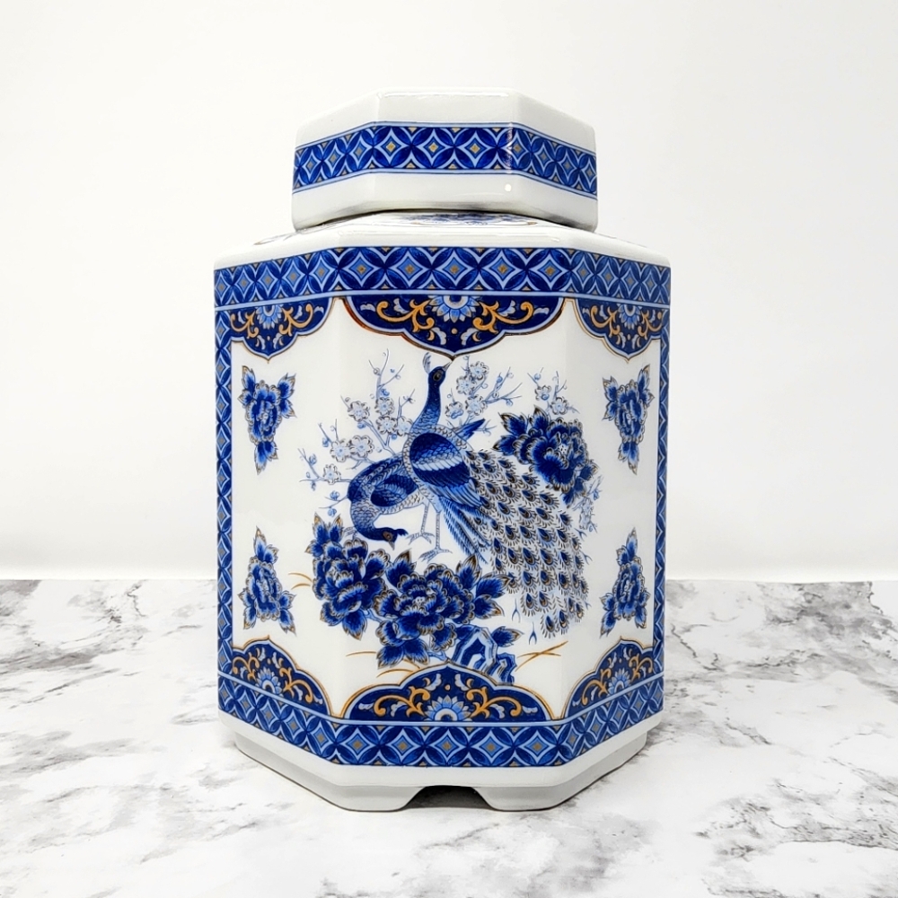 Andrea By Sadek Blue and White Floral Sugar Jar with Peacock Design